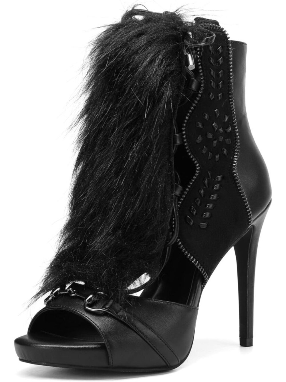 Chic Faux Fur Trim High Heel Ankle Booties - Cutout Lace Peep Toe Stiletto